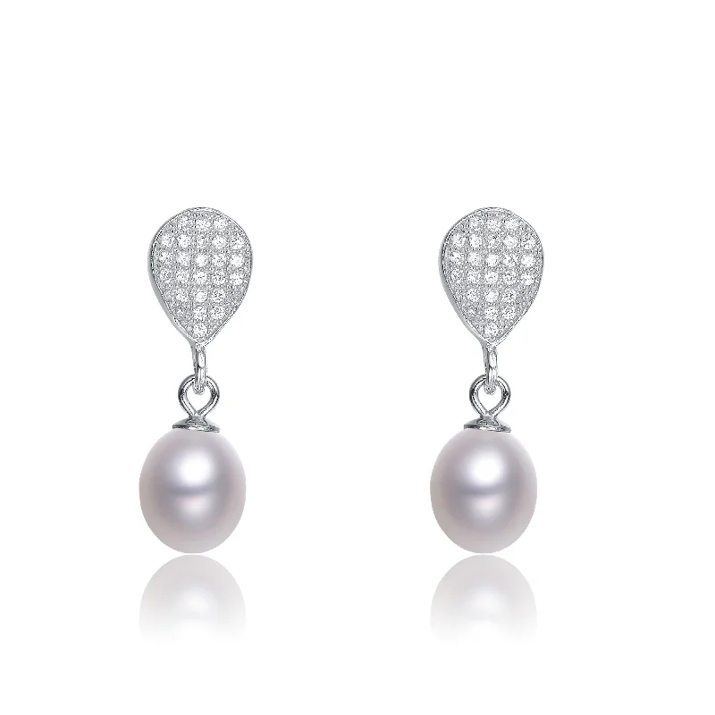 Diamond stud earrings for women-Sterling Silver Cubic Zirconia Pave Pearl Earrings