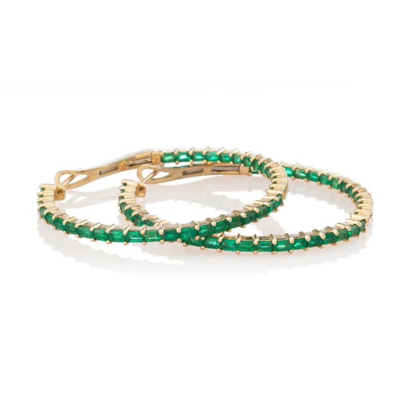 Colored gemstone earrings for women-Riviera Emerald Baguette Hoops