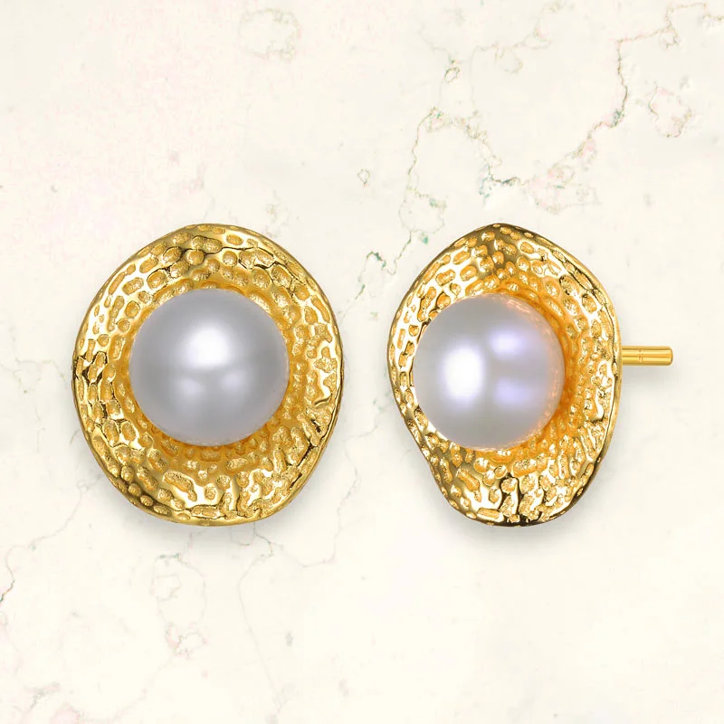 Vintage diamond earrings for women-Delphine Pearl Golden Boho Stud Earrings