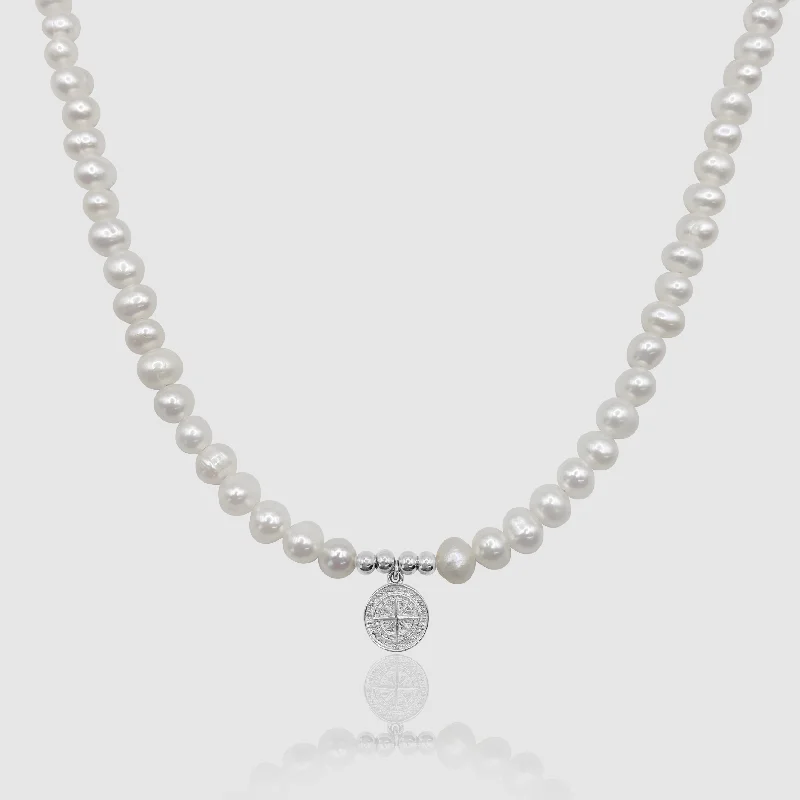 Trendy necklace for women-Compass Real Pearl Necklace (Silver)