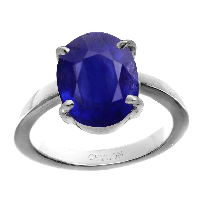 Colored gem engagement ring for women-Ceylon Gems Blue Sapphire Neelam 6.5cts or 7.25ratti stone Prongs Silver Ring