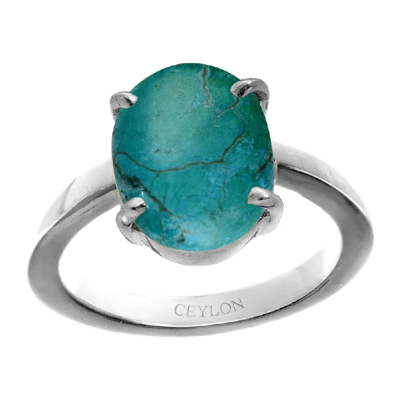 Retro ring for women-Ceylon Gems Turquoise Firoza 6.5cts or 7.25ratti stone Prongs Silver Ring