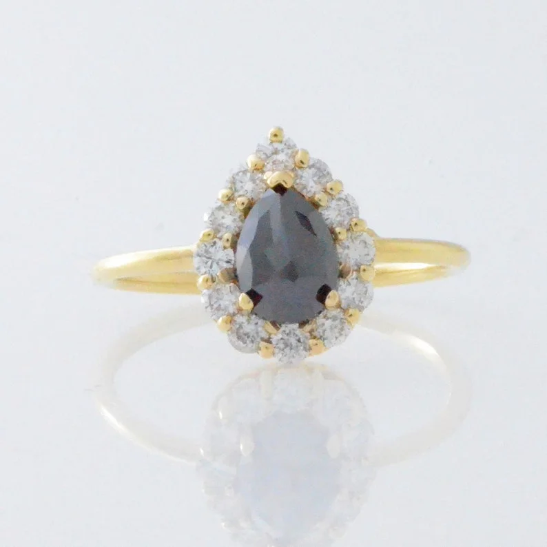 Stackable gold ring for women-14Kt Gold 1.21 Ct Natural Rose Cut Teardrop Black Diamond Ring