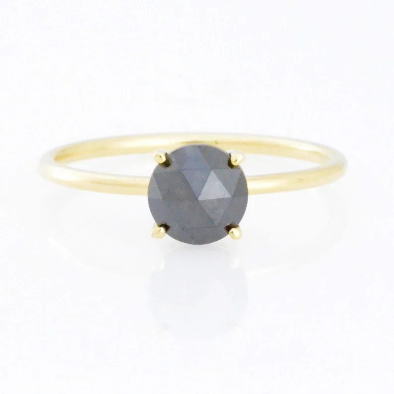 Engagement ring with sapphire for women-14Kt Gold 0.96 Ct Natural Rose Cut Black Diamond Ring