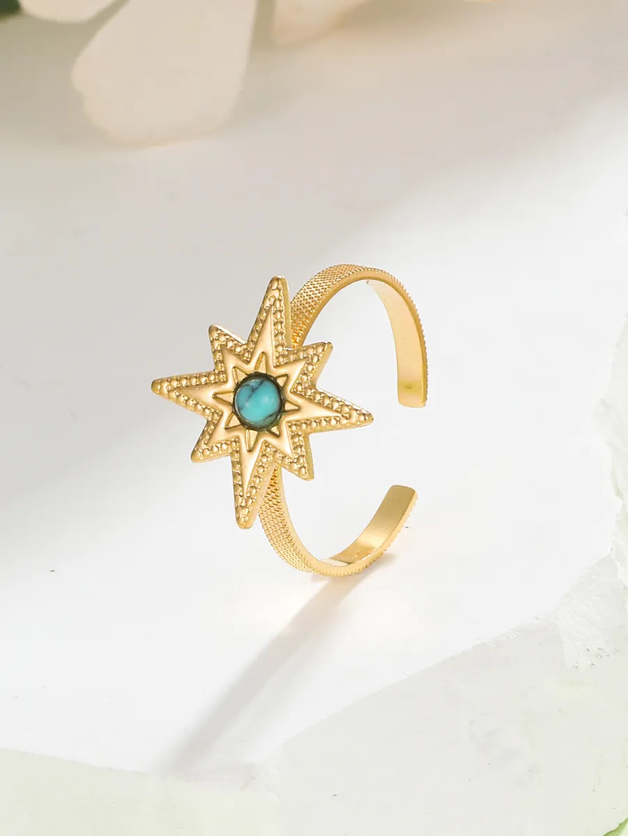 Platinum ring for women-304 Stainless Steel 18K Gold Plated Classic Style Plating Inlay Sun Turquoise Rings