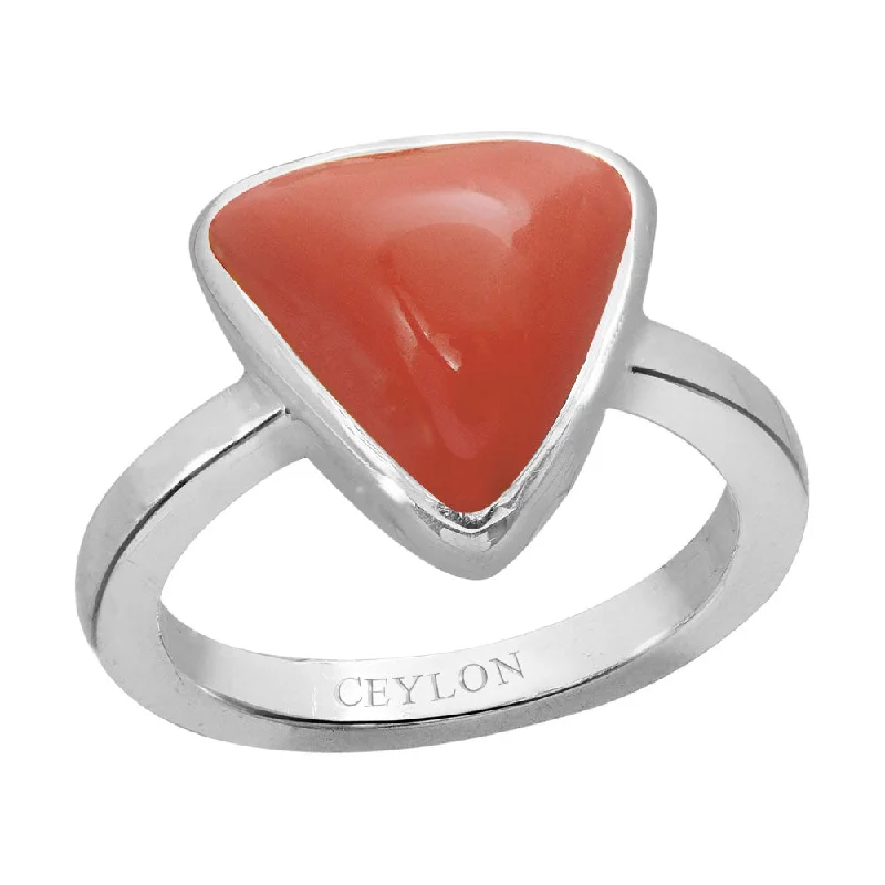 Personalized engagement ring for women-Ceylon Gems Trikona Coral Moonga 8.3cts or 9.25ratti stone Elegant Silver Ring