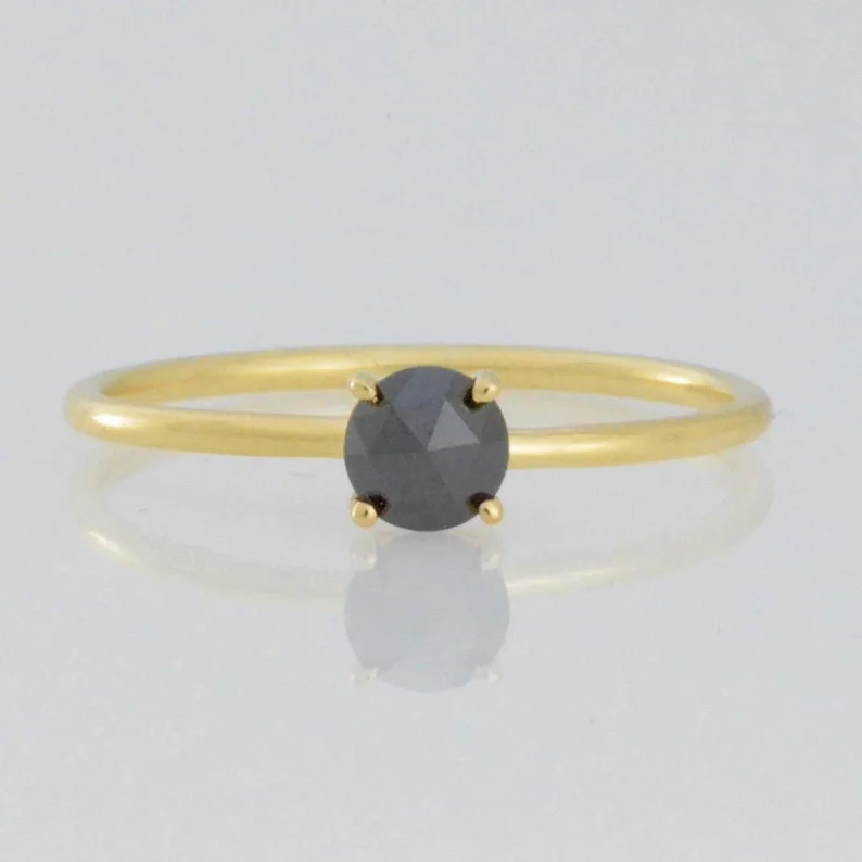 Personalized birthstone ring for women-14Kt Gold 0.30 Ct  Natural Rose Cut Black Diamond Ring