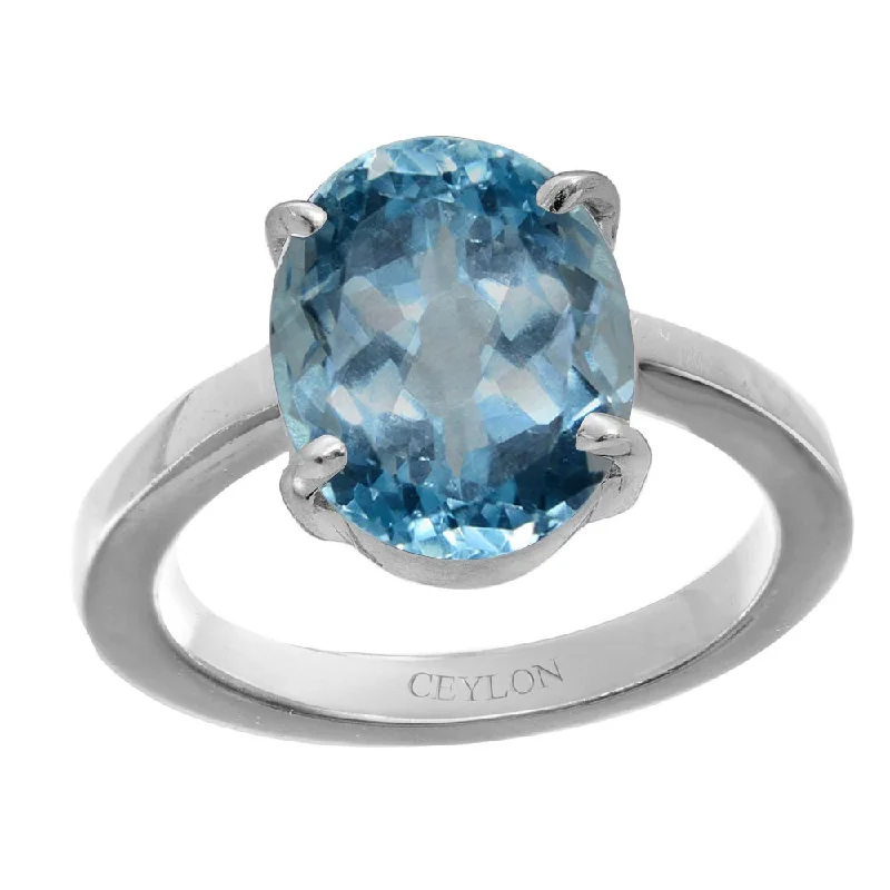 Affordable ring for women-Ceylon Gems Blue Topaz Neela Pukhraj 5.5cts or 6.25ratti stone Prongs Silver Ring