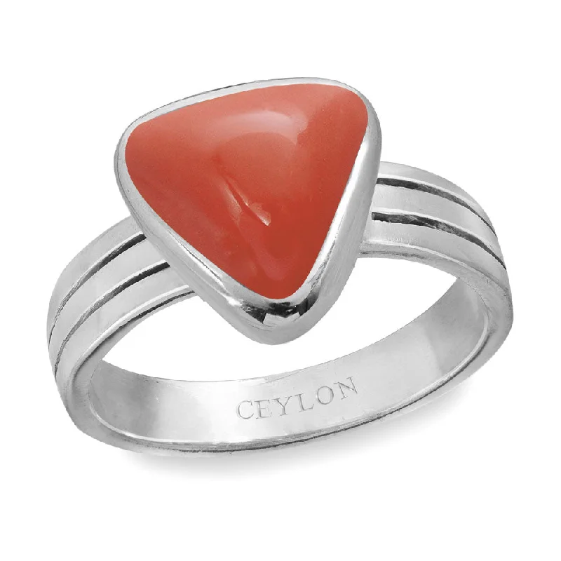 Unique gemstone ring for women-Ceylon Gems Trikona Coral Moonga 7.5cts or 8.25ratti stone Stunning Silver Ring