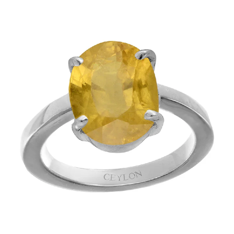 Gold band ring for women-Ceylon Gems Yellow Sapphire Pukhraj 3.9cts or 4.25ratti stone Prongs Silver Ring