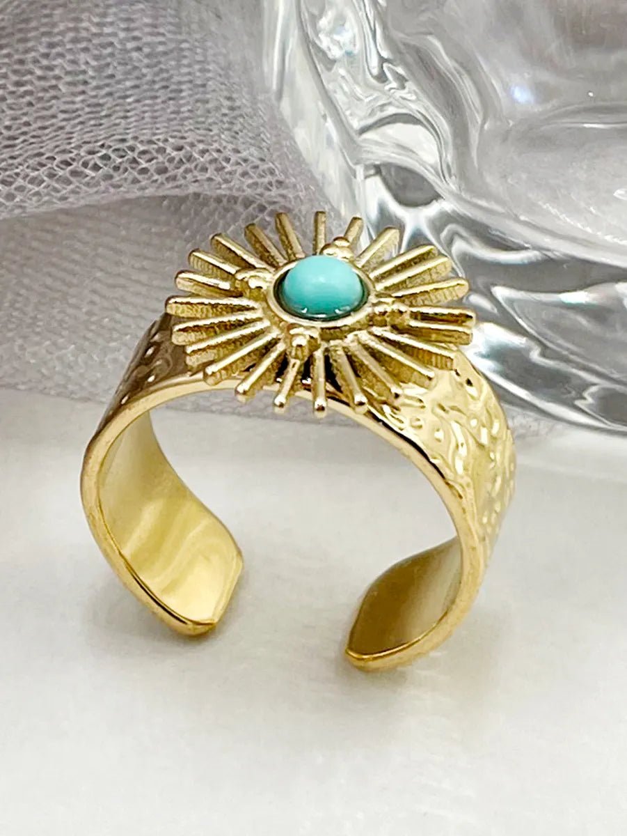 Vintage engagement ring for women-304 Stainless Steel 14K Gold Plated Retro Plating Inlay Sun Natural Stone Turquoise Open Ring