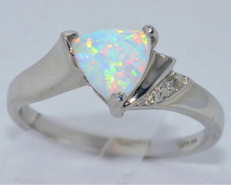 Solitaire diamond ring for women-14Kt Gold Opal & Diamond Trillion Ring